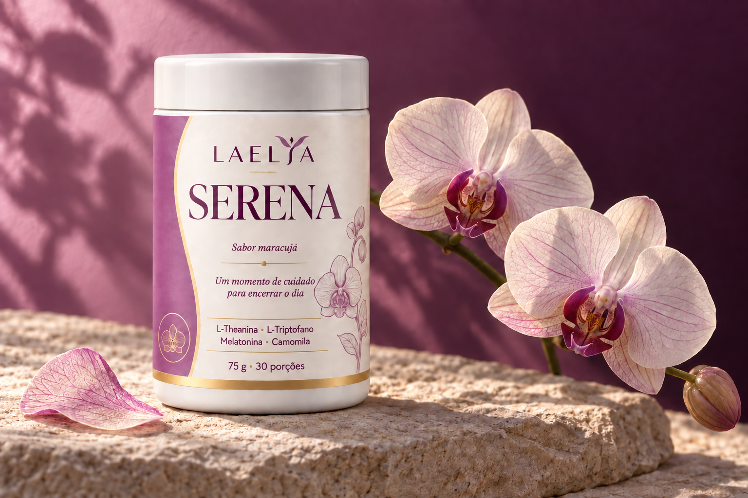 Frasco Laelya Serena com orquídeas, fórmula em pó sabor maracujá