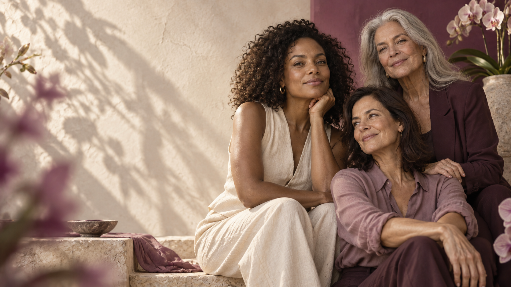 Três mulheres em diferentes fases da vida representando cuidado e longevidade